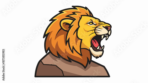 Ferocious lion head, roaring with fangs, mane, and open mouth