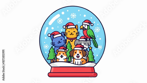 Festive animals in a snow globe with Christmas trees and snowflakes
