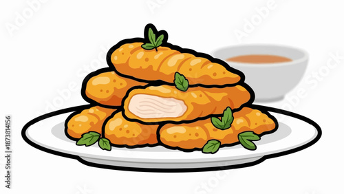 Crispy golden fried chicken fingers stacked high on a plate with a side of dipping sauce