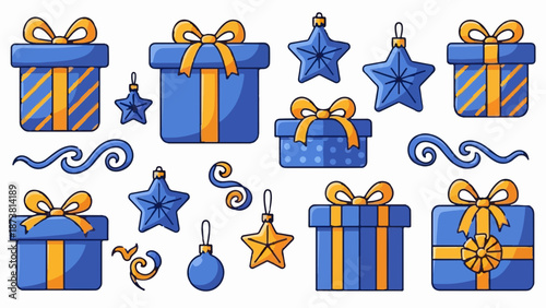 Festive blue and gold gift boxes and star ornaments