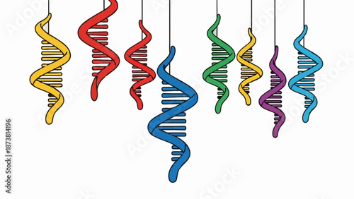 Colorful DNA strands suspended, each representing a unique genetic code