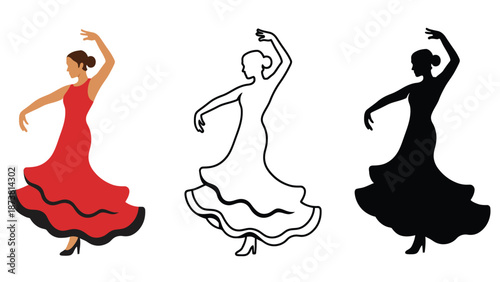 Three illustrations of a woman dancing in different styles and colors