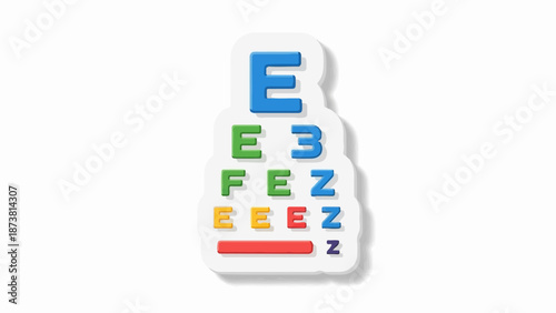 Colorful eye chart with letters and numbers in decreasing size