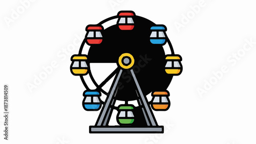 Colorful Ferris wheel with eight gondolas against a black circle