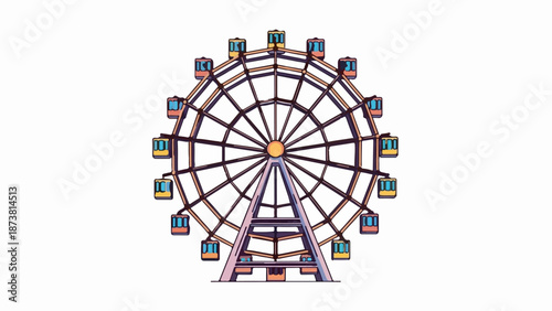 Colorful Ferris wheel with multiple gondolas against a plain white backdrop