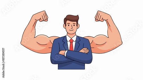 Confident businessman with muscular arms flexed, symbolizing strength and success