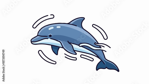 Cute blue dolphin leaping joyfully amidst simple white water splashes and curved lines