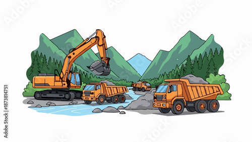 Construction scene with heavy machinery and dump trucks by a river in a mountainous forest