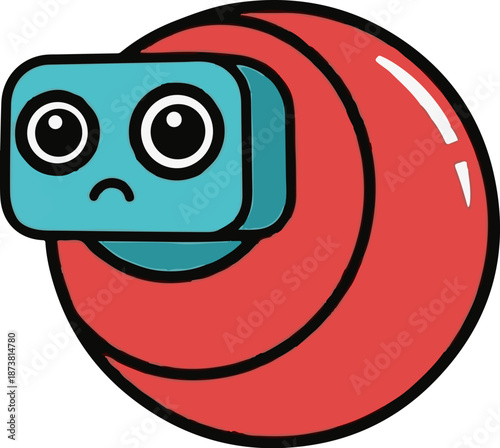 Cute blue robot with sad expression, inside a red circular shell