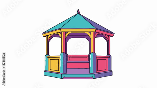 Colorful hexagonal gazebo with wooden posts, seating, and a multi-tiered roof
