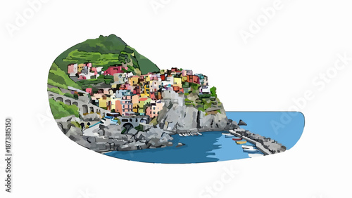 Colorful houses built on cliffs overlooking a bright blue sea with boats
