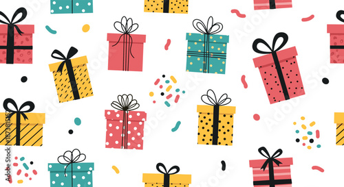A festive seamless pattern of colorful, hand-drawn gift boxes with various patterns and bows, scattered with confetti on a white background.