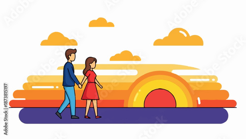 Couple walks hand-in-hand at sunset with abstract sky and clouds