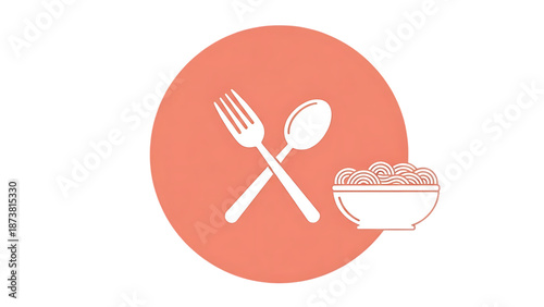 Food icon with utensils and bowl of noodles on plate on transparent background