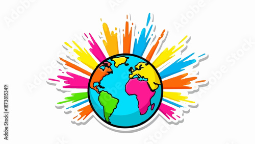 Colorful abstract splashes radiate from a vibrant, cartoonish globe, symbolizing global diversity