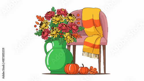 Cozy autumn scene with flowers, pumpkins, and a warm blanket draped over a chair