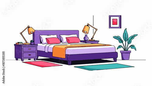 Cozy bedroom scene with a purple bed, nightstands, lamps, and a potted plant
