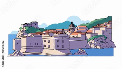 Coastal walled city with red-tiled roofs and a dome, nestled against a green hill