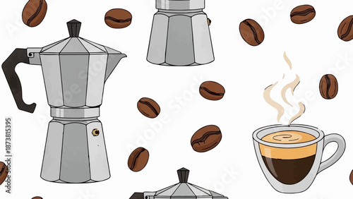 Coffee motif with brewing pots, cups of hot espresso, and scattered beans