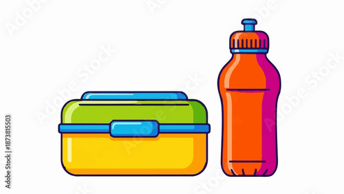 Colorful lunchbox and drink bottle isolated on white