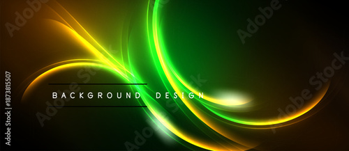 Abstract design features vibrant curves, glowing lines. Dark background enhances luminosity, creating dynamic visual effect. Text reads background design.