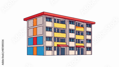 Colorful, multi-story apartment building with balconies and distinct windows