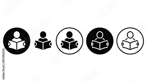 A set of black and white icons depicting people reading books
