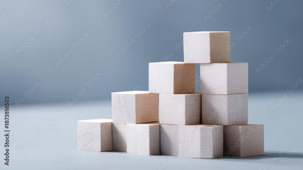 Obraz premium Stack of small wooden cubes arranged in a pyramid-like structure. the cubes are light beige in color and appear to be made of a smooth, polished wood.