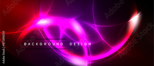 Abstract neon lights create vibrant curves. Dark background emphasizes glowing pink, red, purple elements. Modern design for banners, presentations.