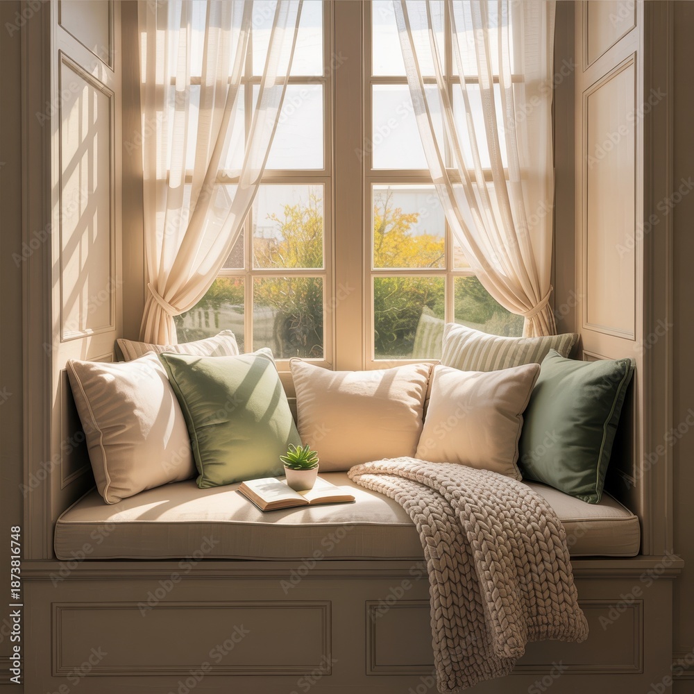 Fototapeta premium Cozy window seat with pillows and a book cushions blanket
