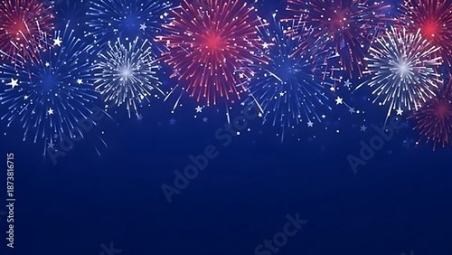 A vibrant display of red white and blue fireworks illuminates a dark celebratory night sky