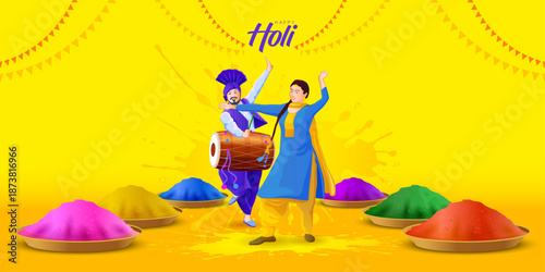 Vibrant Holi festival vector illustration featuring Punjabi couple dancing with dhol surrounded by colorful gulal. Ideal for Holi posters, cultural events, festival banners and greeting cards.