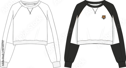 Flat vector illustration, cropped sweatshirt with raglan sleeves, tiger logo, fashion sketch, garment design, technical drawing, streetwear style