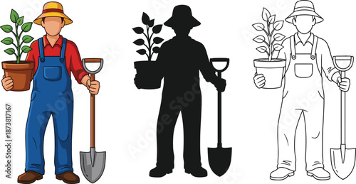 Vector illustration set of a farmer holding a potted plant and shovel in color, silhouette and outline styles for gardening.