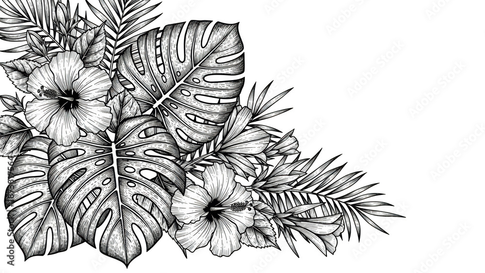 Fototapeta premium Black and white tropical floral arrangement with hibiscus and monstera leaves image 1