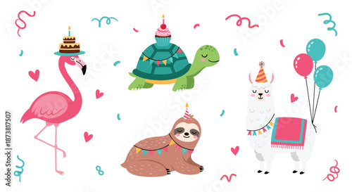Adorable set of cute cartoon animals celebrating a birthday, including a flamingo, turtle, sloth, and llama with party hats.