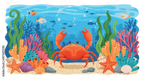 Adorable cartoon crab on the vibrant ocean floor surrounded by colorful coral, seaweed, starfish, and swimming fish.