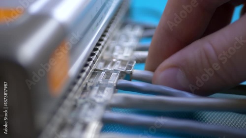 LAN router with Ethernet cable network layout shows high speed internet access. Structured cabling connected to switch. Advanced technology and diagnostic hardware for data systems