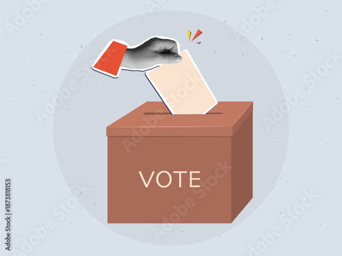 Hand putting a form in a ballot box. Modern collage style. Vector illustration