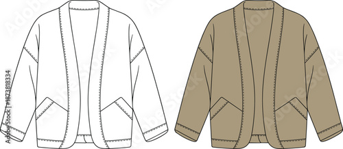 Flat vector illustration, women's cardigan front and back, fashion sketch, open-front design, pocket detail, garment construction, technical drawing