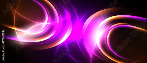 Abstract vibrant light curves, flowing shapes, purple hues dominate, orange accents present. Dynamic energy radiates from center.