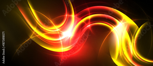 Bright abstract lines, vibrant red, yellow hues. Dynamic curves create energy, light radiates from center. Dark background emphasizes glow.
