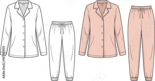 Flat vector illustration, women's pajama set, button-up top and drawstring pants, fashion sketch, sleepwear design, technical drawing