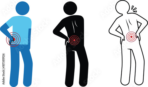 Vector illustration set of person with lower back pain in color, silhouette and outline styles, medical spine injury concept.