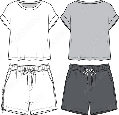 Flat vector illustration, crop top and drawstring shorts, rolled sleeves, fashion sketch, garment design, technical drawing, casual outfit