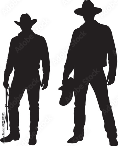 Western Cowboy Silhouette Holding Lasso Rope Isolated on White Background