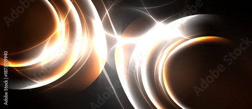 Abstract design features glowing circles, lines. Warm colors dominate dark background. Dynamic composition creates visual interest.