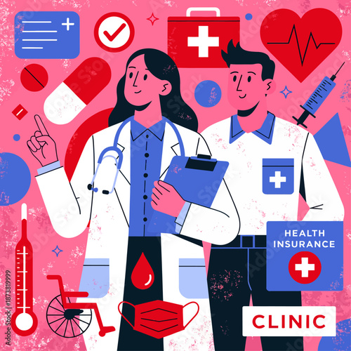 Colorful healthcare illustration with doctors and medical insurance elements