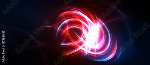 Bright swirling energy forms abstract patterns. Red, blue hues dominate dark background. Light radiates from central point.
