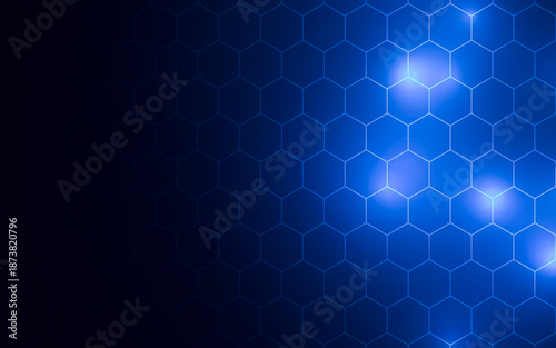 Abstract blue futuristic technology background with hexagonal grid and glowing light effects